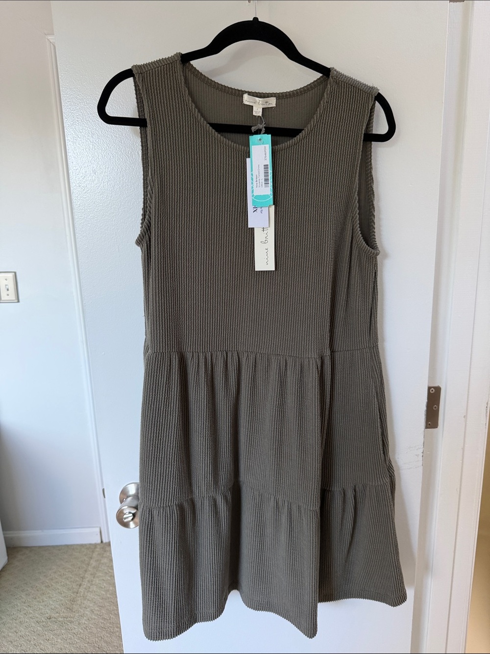 Olive Green Ribbed Sleeveless Tiered Dress